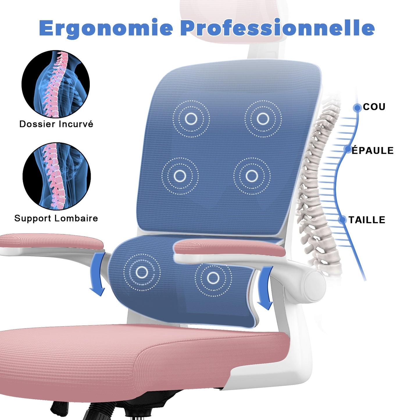 Chaise de Bureau Ergonomique: Fauteuil Bureau avec Support Lombaire en C,Dossier et Appui-tête Réglables,Reversible Armrest,Siege en Maille Respirante Convient à la Maison Bureau
