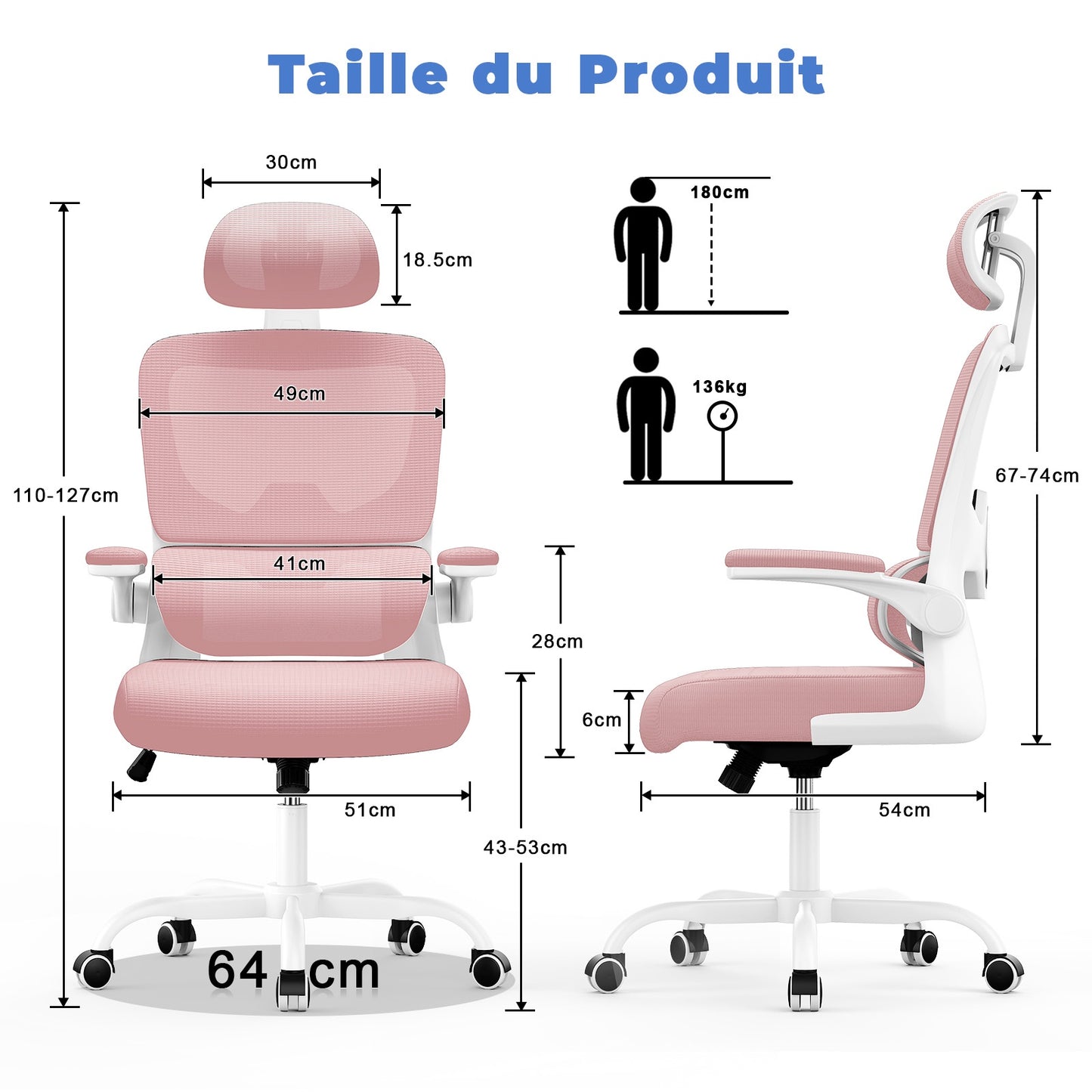 Chaise de Bureau Ergonomique: Fauteuil Bureau avec Support Lombaire en C,Dossier et Appui-tête Réglables,Reversible Armrest,Siege en Maille Respirante Convient à la Maison Bureau