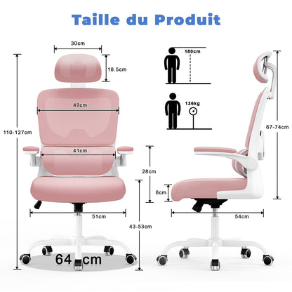 Chaise de Bureau Ergonomique: Fauteuil Bureau avec Support Lombaire en C,Dossier et Appui-tête Réglables,Reversible Armrest,Siege en Maille Respirante Convient à la Maison Bureau