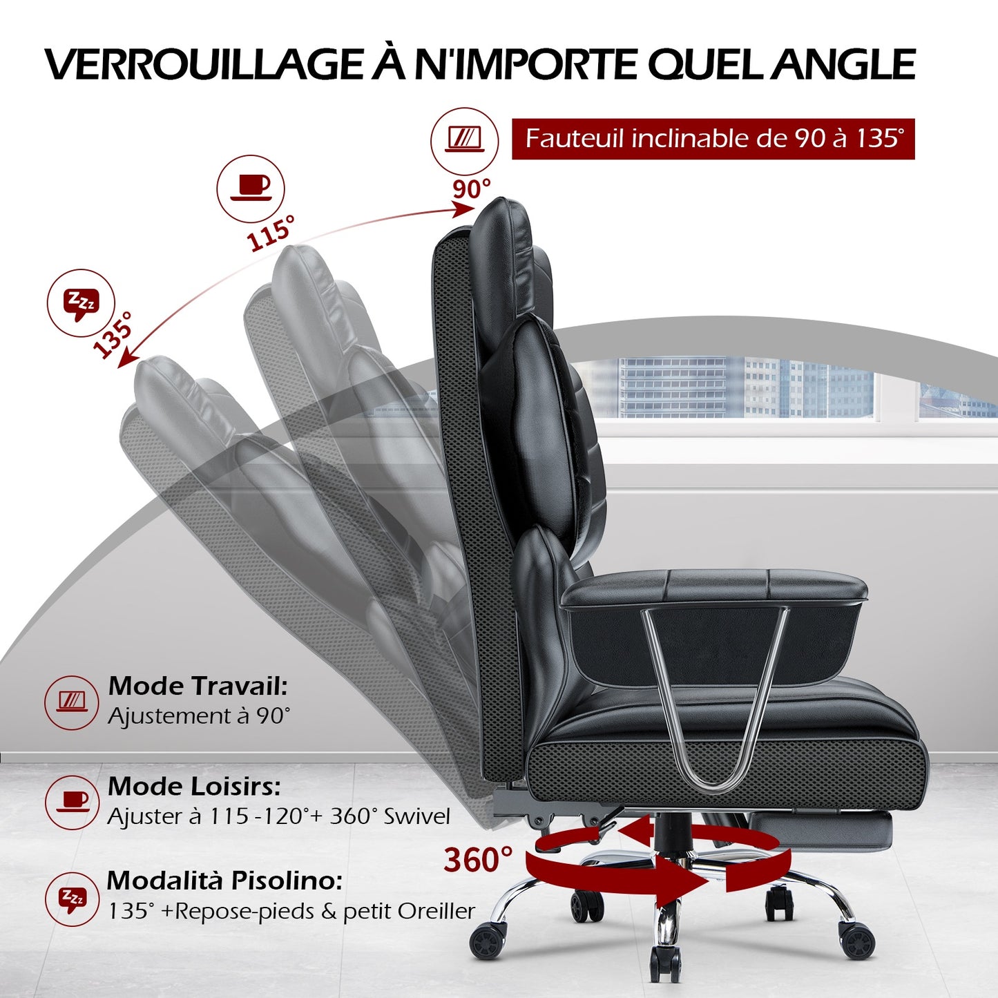 naspaluro Chaise Bureau Ergonomique à Hauteur Réglable,Fauteuil de Bureau avec Repose-Pieds Télescopique,Lombaire&Appui,Soutien Lombaire,Dossier Inclinable,PU Cuir