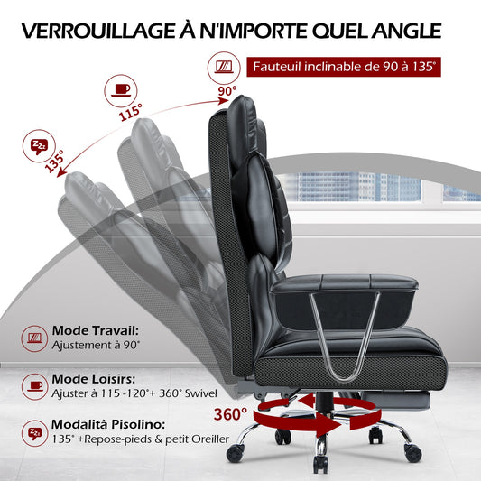 naspaluro Chaise Bureau Ergonomique à Hauteur Réglable,Fauteuil de Bureau avec Repose-Pieds Télescopique,Lombaire&Appui,Soutien Lombaire,Dossier Inclinable,PU Cuir
