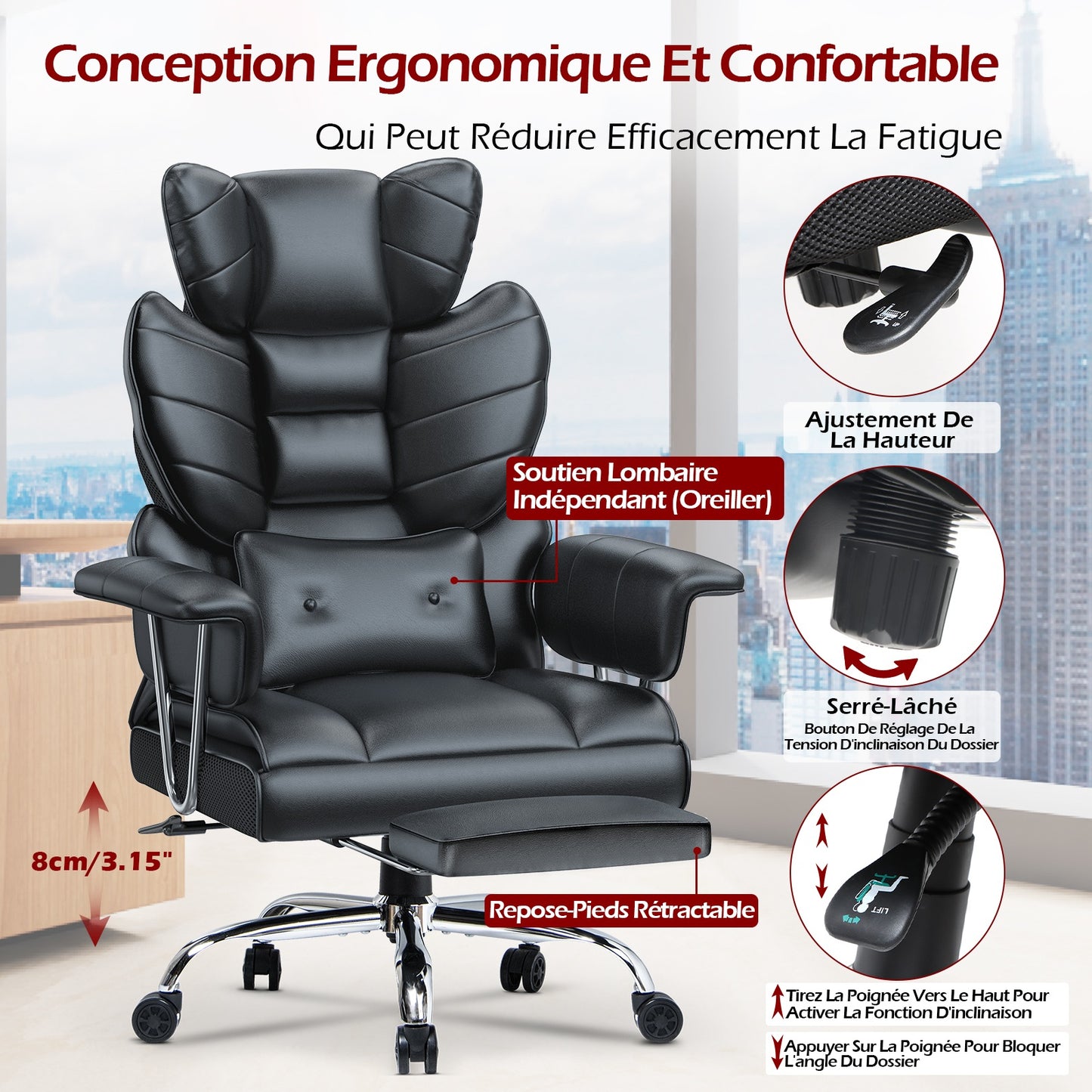 naspaluro Chaise Bureau Ergonomique à Hauteur Réglable,Fauteuil de Bureau avec Repose-Pieds Télescopique,Lombaire&Appui,Soutien Lombaire,Dossier Inclinable,PU Cuir