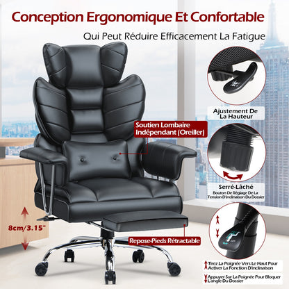naspaluro Chaise Bureau Ergonomique à Hauteur Réglable,Fauteuil de Bureau avec Repose-Pieds Télescopique,Lombaire&Appui,Soutien Lombaire,Dossier Inclinable,PU Cuir