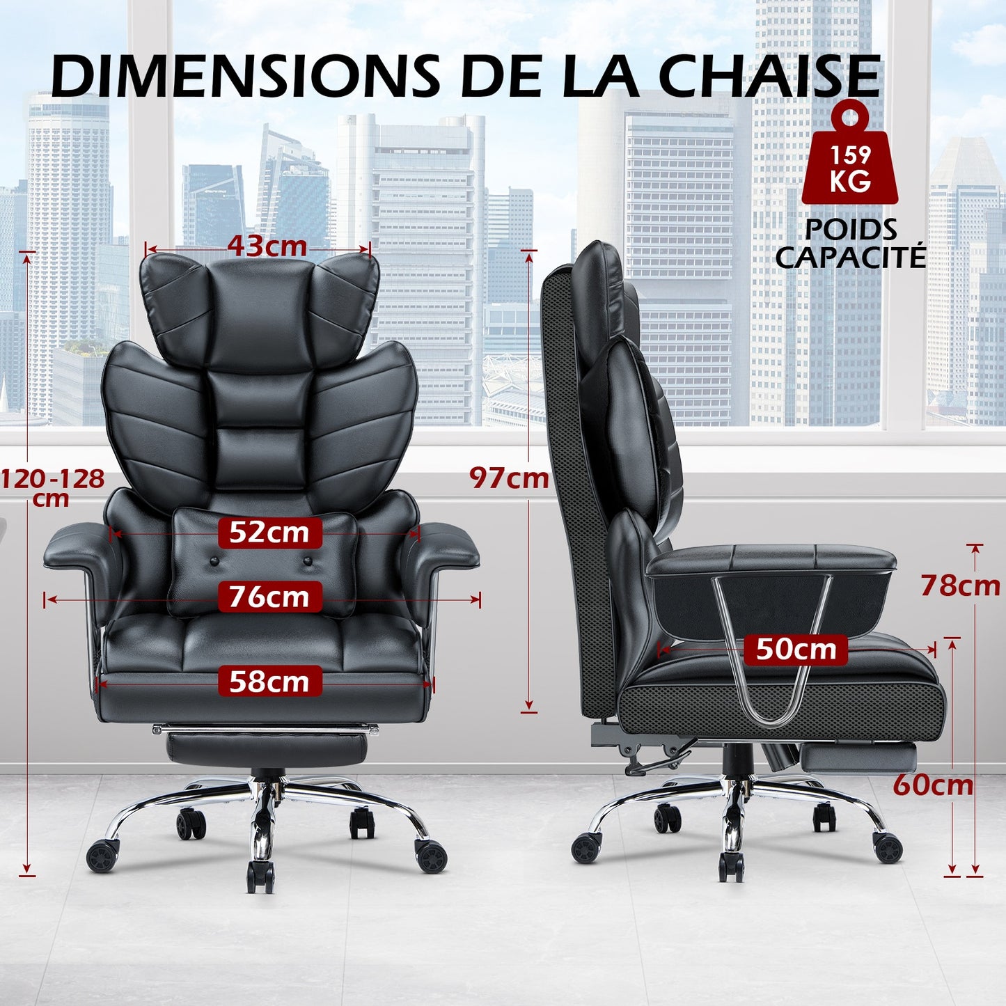 naspaluro Chaise Bureau Ergonomique à Hauteur Réglable,Fauteuil de Bureau avec Repose-Pieds Télescopique,Lombaire&Appui,Soutien Lombaire,Dossier Inclinable,PU Cuir