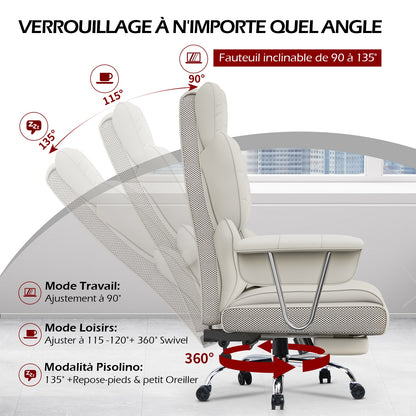 naspaluro Chaise Bureau Ergonomique à Hauteur Réglable,Fauteuil de Bureau avec Repose-Pieds Télescopique,Lombaire&Appui,Soutien Lombaire,Dossier Inclinable,PU Cuir