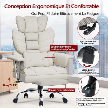 naspaluro Chaise Bureau Ergonomique à Hauteur Réglable,Fauteuil de Bureau avec Repose-Pieds Télescopique,Lombaire&Appui,Soutien Lombaire,Dossier Inclinable,PU Cuir