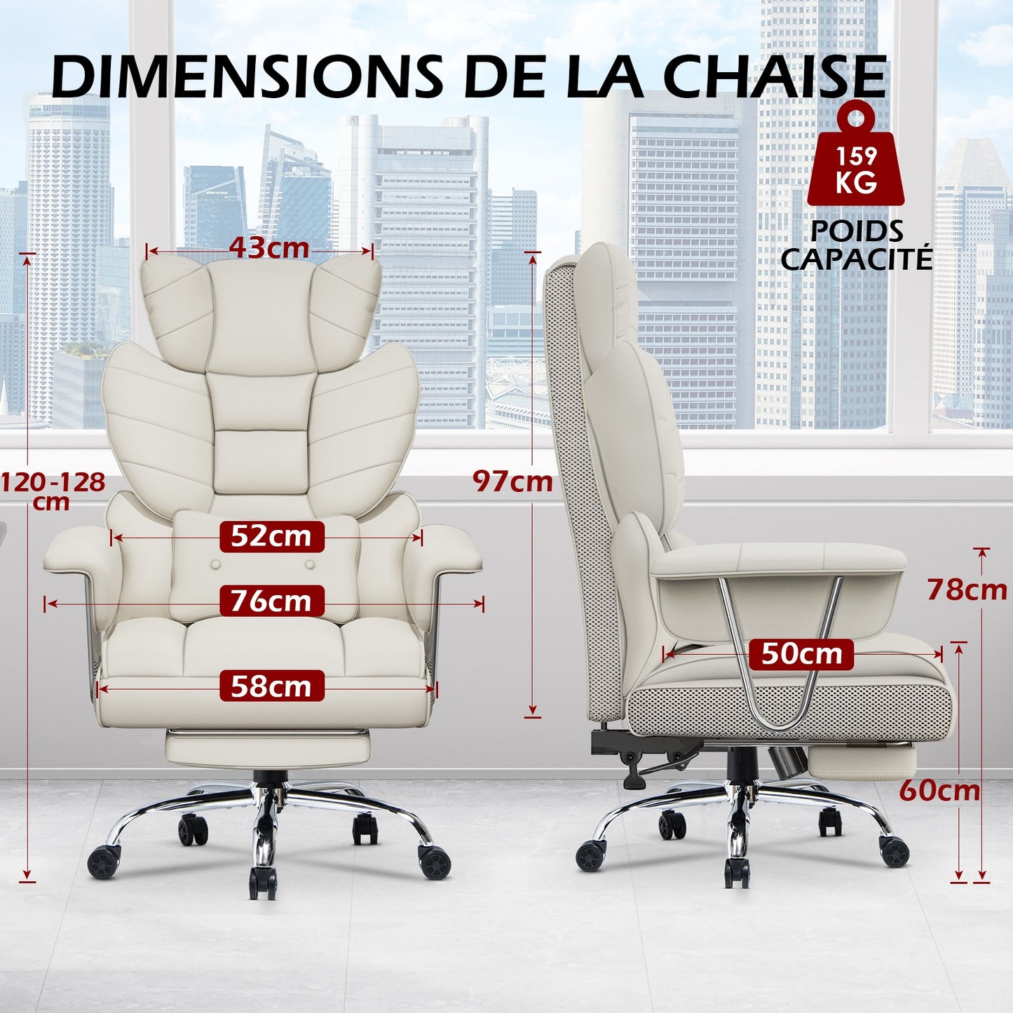 naspaluro Chaise Bureau Ergonomique à Hauteur Réglable,Fauteuil de Bureau avec Repose-Pieds Télescopique,Lombaire&Appui,Soutien Lombaire,Dossier Inclinable,PU Cuir