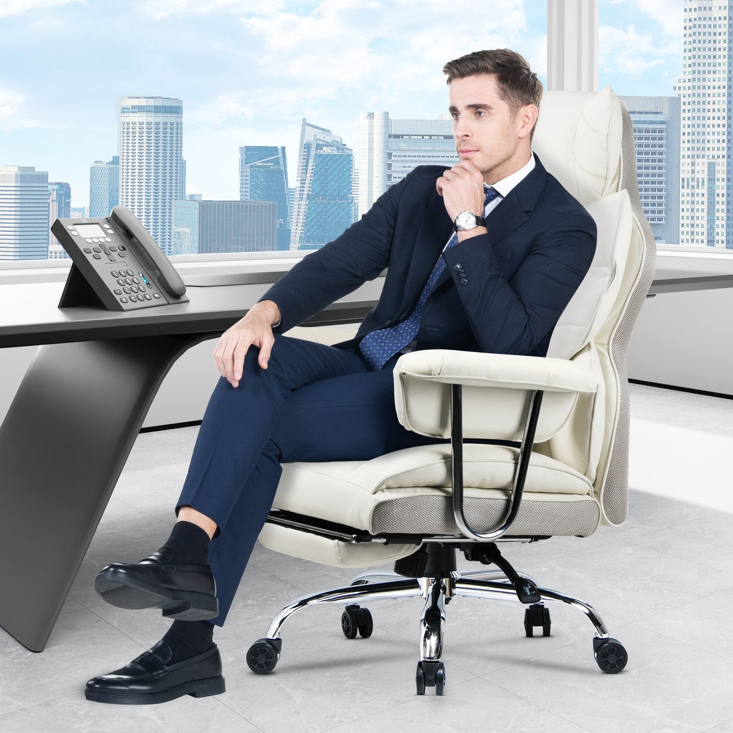 naspaluro Chaise Bureau Ergonomique à Hauteur Réglable,Fauteuil de Bureau avec Repose-Pieds Télescopique,Lombaire&Appui,Soutien Lombaire,Dossier Inclinable,PU Cuir