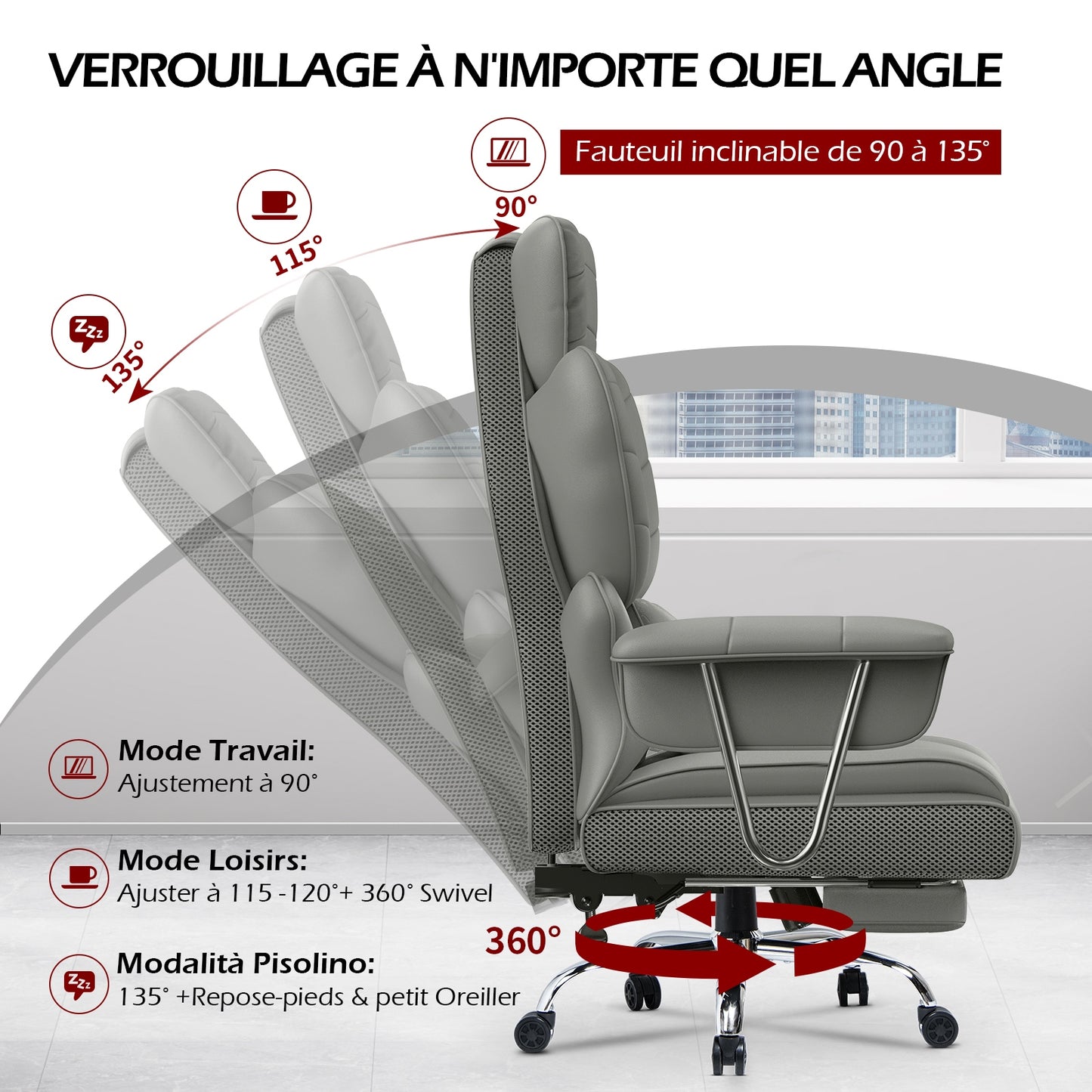 naspaluro Chaise Bureau Ergonomique à Hauteur Réglable,Fauteuil de Bureau avec Repose-Pieds Télescopique,Lombaire&Appui,Soutien Lombaire,Dossier Inclinable,PU Cuir