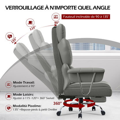 naspaluro Chaise Bureau Ergonomique à Hauteur Réglable,Fauteuil de Bureau avec Repose-Pieds Télescopique,Lombaire&Appui,Soutien Lombaire,Dossier Inclinable,PU Cuir