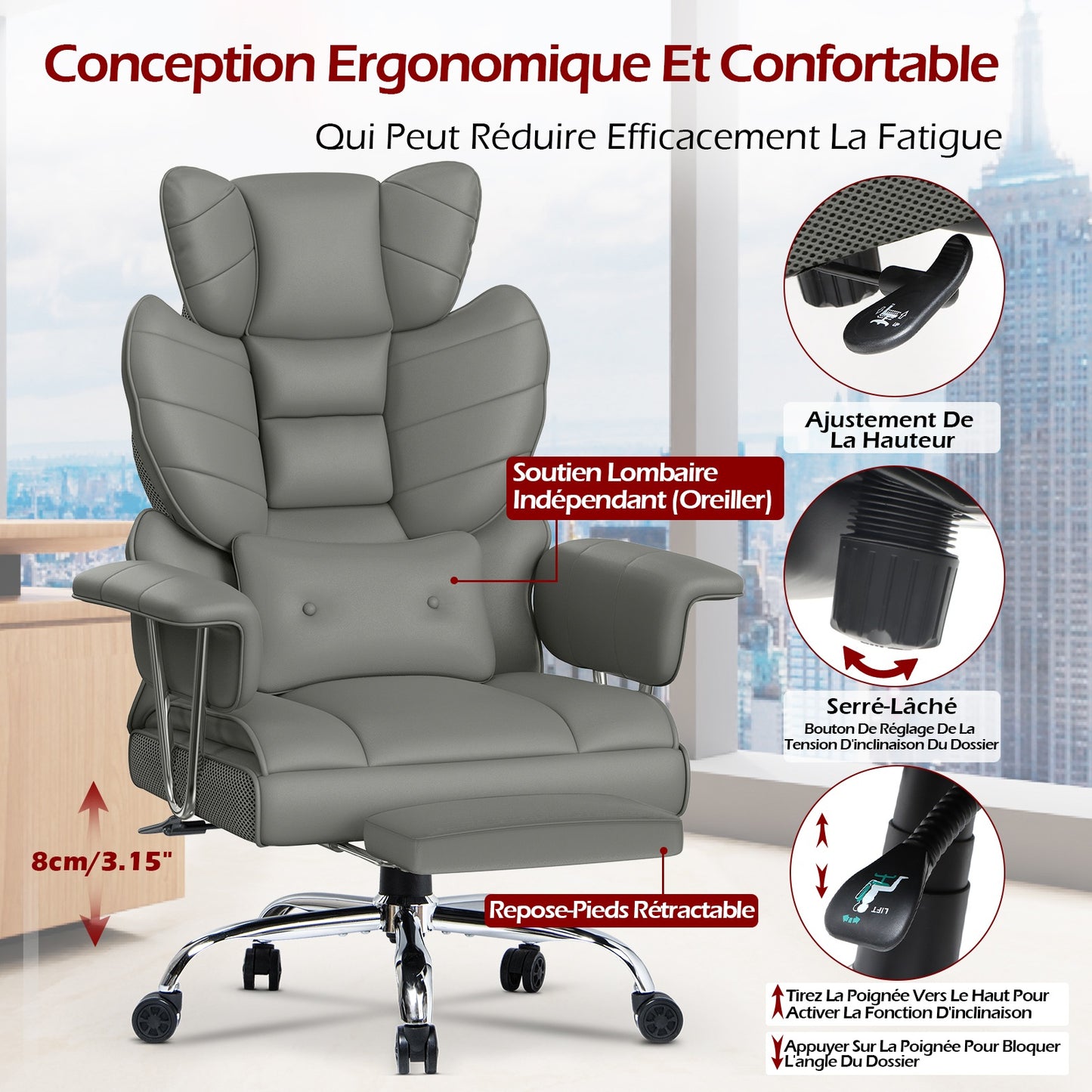 naspaluro Chaise Bureau Ergonomique à Hauteur Réglable,Fauteuil de Bureau avec Repose-Pieds Télescopique,Lombaire&Appui,Soutien Lombaire,Dossier Inclinable,PU Cuir