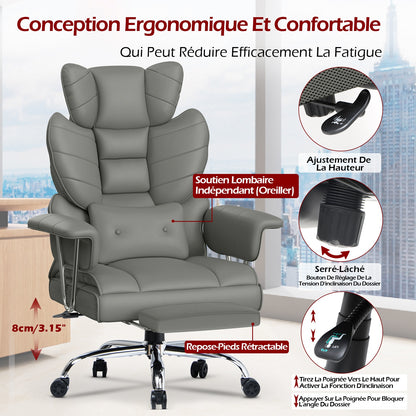 naspaluro Chaise Bureau Ergonomique à Hauteur Réglable,Fauteuil de Bureau avec Repose-Pieds Télescopique,Lombaire&Appui,Soutien Lombaire,Dossier Inclinable,PU Cuir