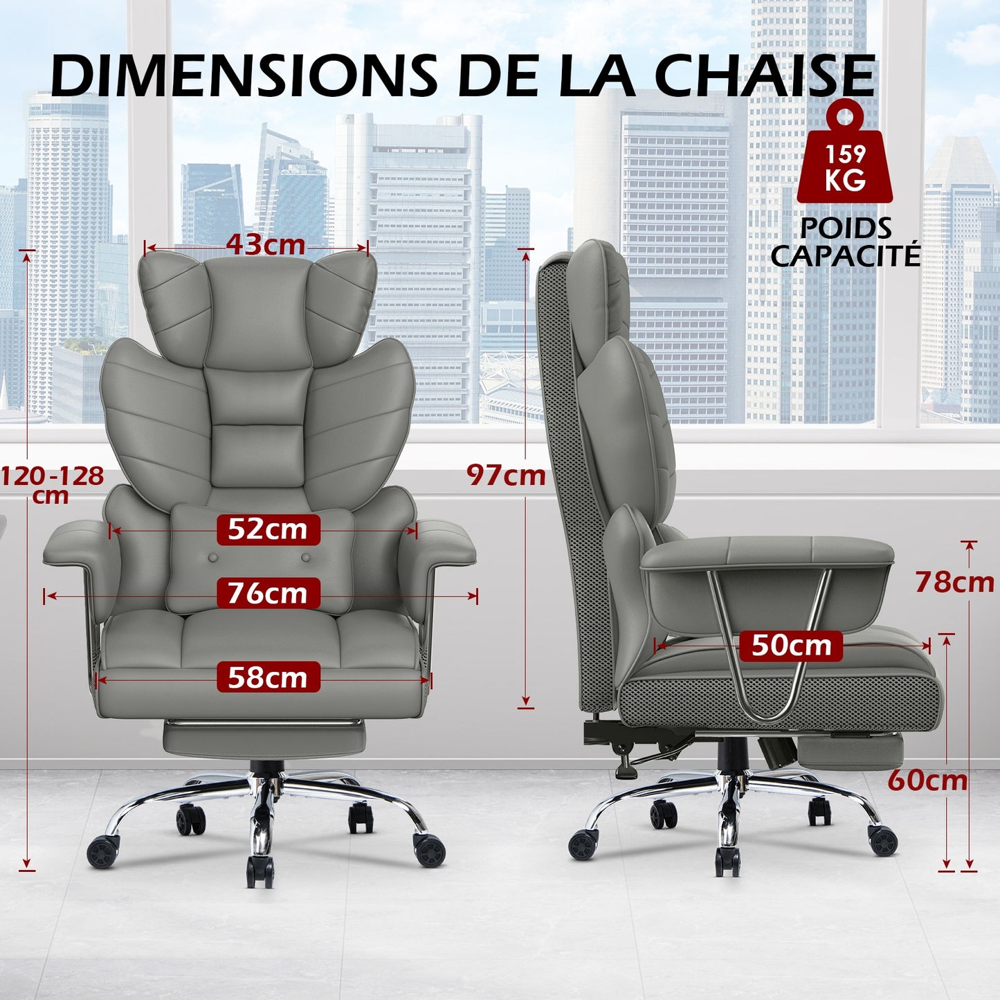 naspaluro Chaise Bureau Ergonomique à Hauteur Réglable,Fauteuil de Bureau avec Repose-Pieds Télescopique,Lombaire&Appui,Soutien Lombaire,Dossier Inclinable,PU Cuir