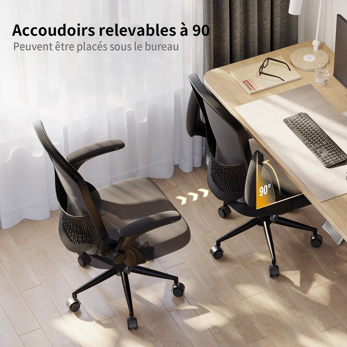 naspaluro Chaise de Bureau, Chaise de Bureau Ergonomique avec Accoudoirs Rabattables à 90°, Soutien Lombaire Unique, Revêtement en Maille Respirante, Siège Pivotant à 360° avec Fonction Swing