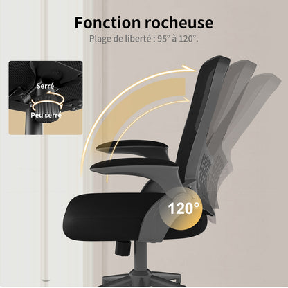 naspaluro Chaise de Bureau, Chaise de Bureau Ergonomique avec Accoudoirs Rabattables à 90°, Soutien Lombaire Unique, Revêtement en Maille Respirante, Siège Pivotant à 360° avec Fonction Swing