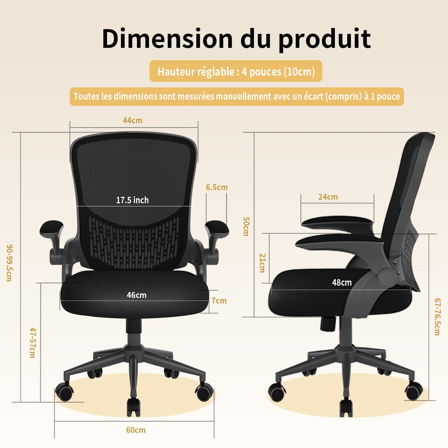 naspaluro Chaise de Bureau, Chaise de Bureau Ergonomique avec Accoudoirs Rabattables à 90°, Soutien Lombaire Unique, Revêtement en Maille Respirante, Siège Pivotant à 360° avec Fonction Swing