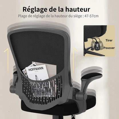 naspaluro Chaise de Bureau, Chaise de Bureau Ergonomique avec Accoudoirs Rabattables à 90°, Soutien Lombaire Unique, Revêtement en Maille Respirante, Siège Pivotant à 360° avec Fonction Swing