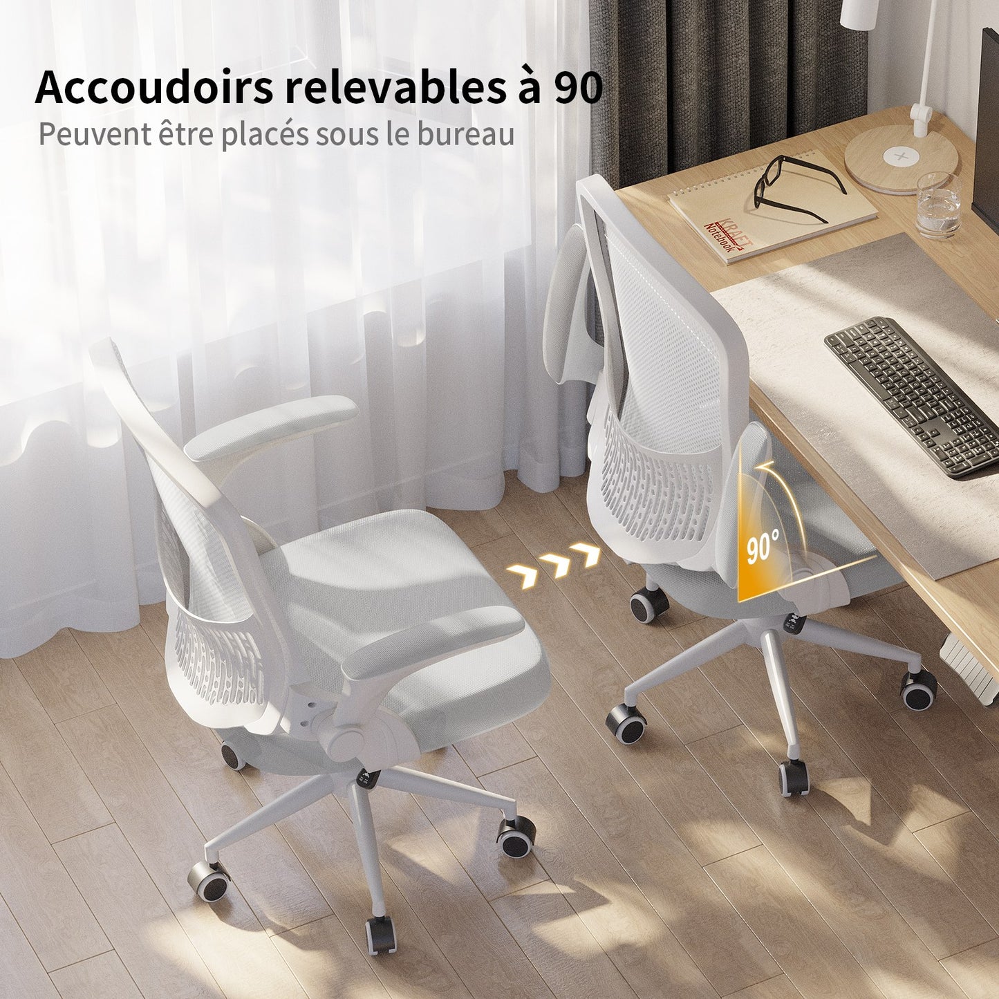 naspaluro Chaise de Bureau, Chaise de Bureau Ergonomique avec Accoudoirs Rabattables à 90°, Soutien Lombaire Unique, Revêtement en Maille Respirante, Siège Pivotant à 360° avec Fonction Swing