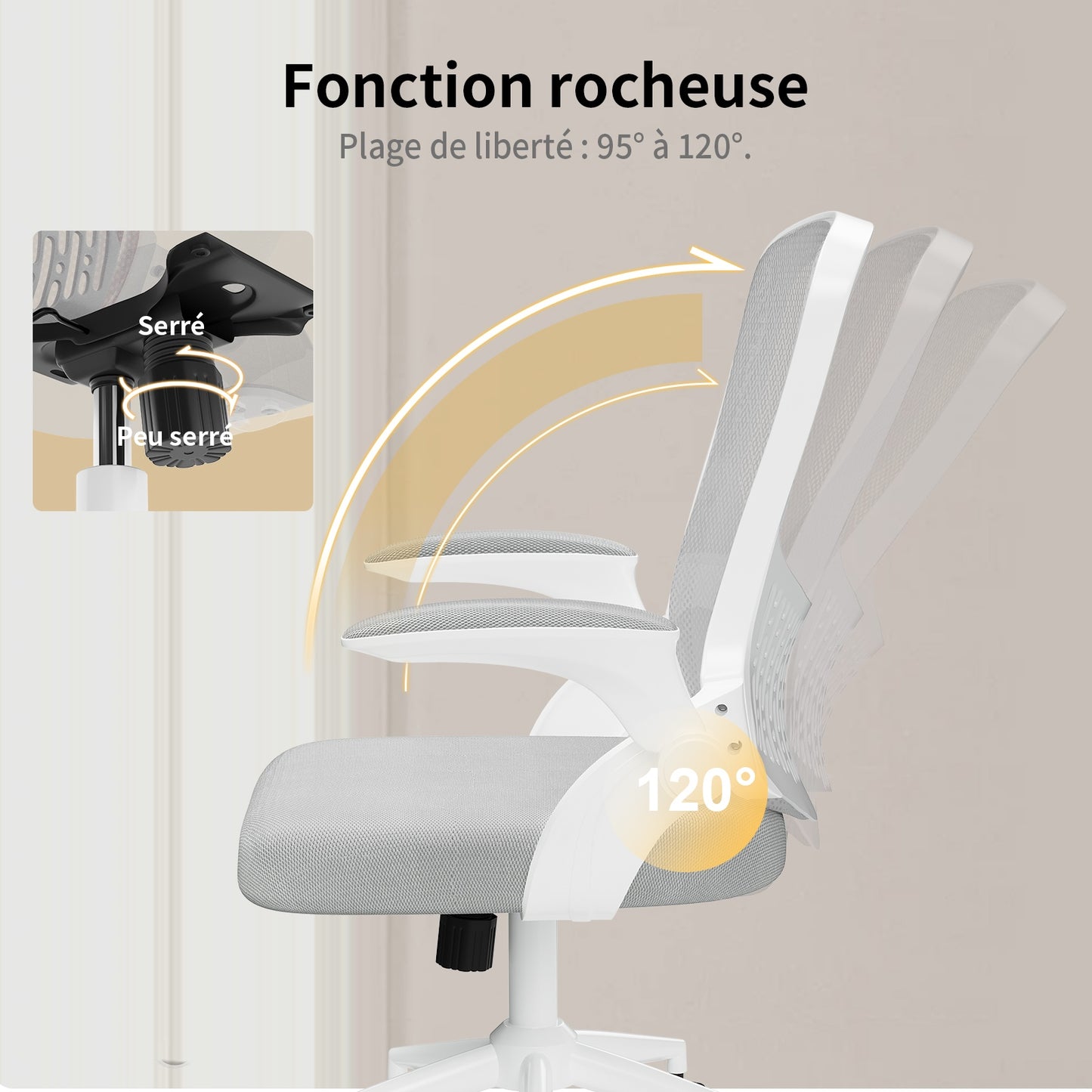 naspaluro Chaise de Bureau, Chaise de Bureau Ergonomique avec Accoudoirs Rabattables à 90°, Soutien Lombaire Unique, Revêtement en Maille Respirante, Siège Pivotant à 360° avec Fonction Swing