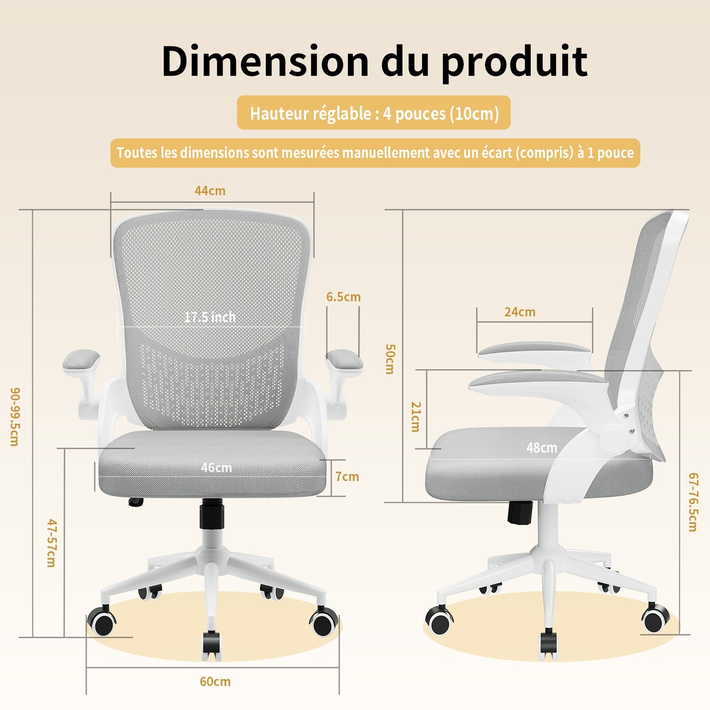naspaluro Chaise de Bureau, Chaise de Bureau Ergonomique avec Accoudoirs Rabattables à 90°, Soutien Lombaire Unique, Revêtement en Maille Respirante, Siège Pivotant à 360° avec Fonction Swing