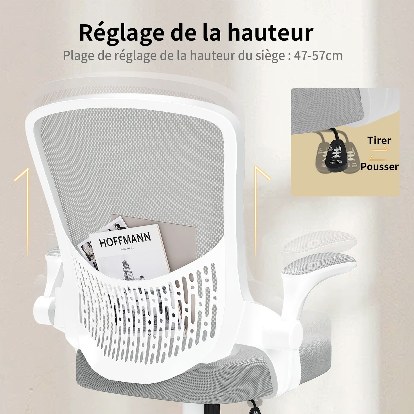 naspaluro Chaise de Bureau, Chaise de Bureau Ergonomique avec Accoudoirs Rabattables à 90°, Soutien Lombaire Unique, Revêtement en Maille Respirante, Siège Pivotant à 360° avec Fonction Swing