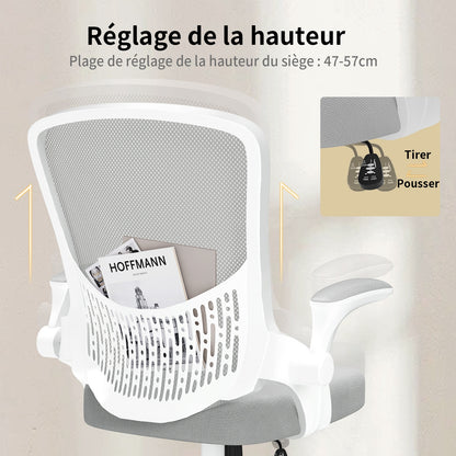 naspaluro Chaise de Bureau, Chaise de Bureau Ergonomique avec Accoudoirs Rabattables à 90°, Soutien Lombaire Unique, Revêtement en Maille Respirante, Siège Pivotant à 360° avec Fonction Swing