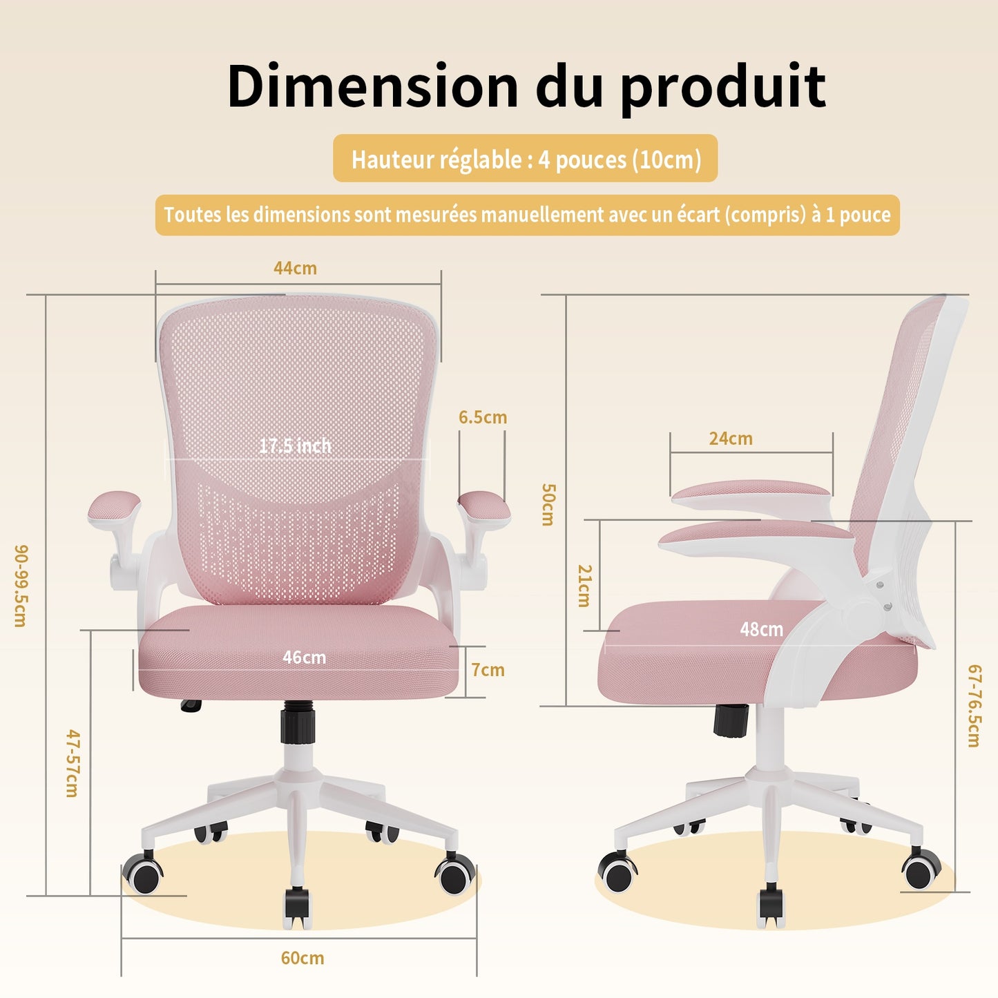 naspaluro Chaise de Bureau, Chaise de Bureau Ergonomique avec Accoudoirs Rabattables à 90°, Soutien Lombaire Unique, Revêtement en Maille Respirante, Siège Pivotant à 360° avec Fonction Swing