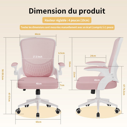 naspaluro Chaise de Bureau, Chaise de Bureau Ergonomique avec Accoudoirs Rabattables à 90°, Soutien Lombaire Unique, Revêtement en Maille Respirante, Siège Pivotant à 360° avec Fonction Swing