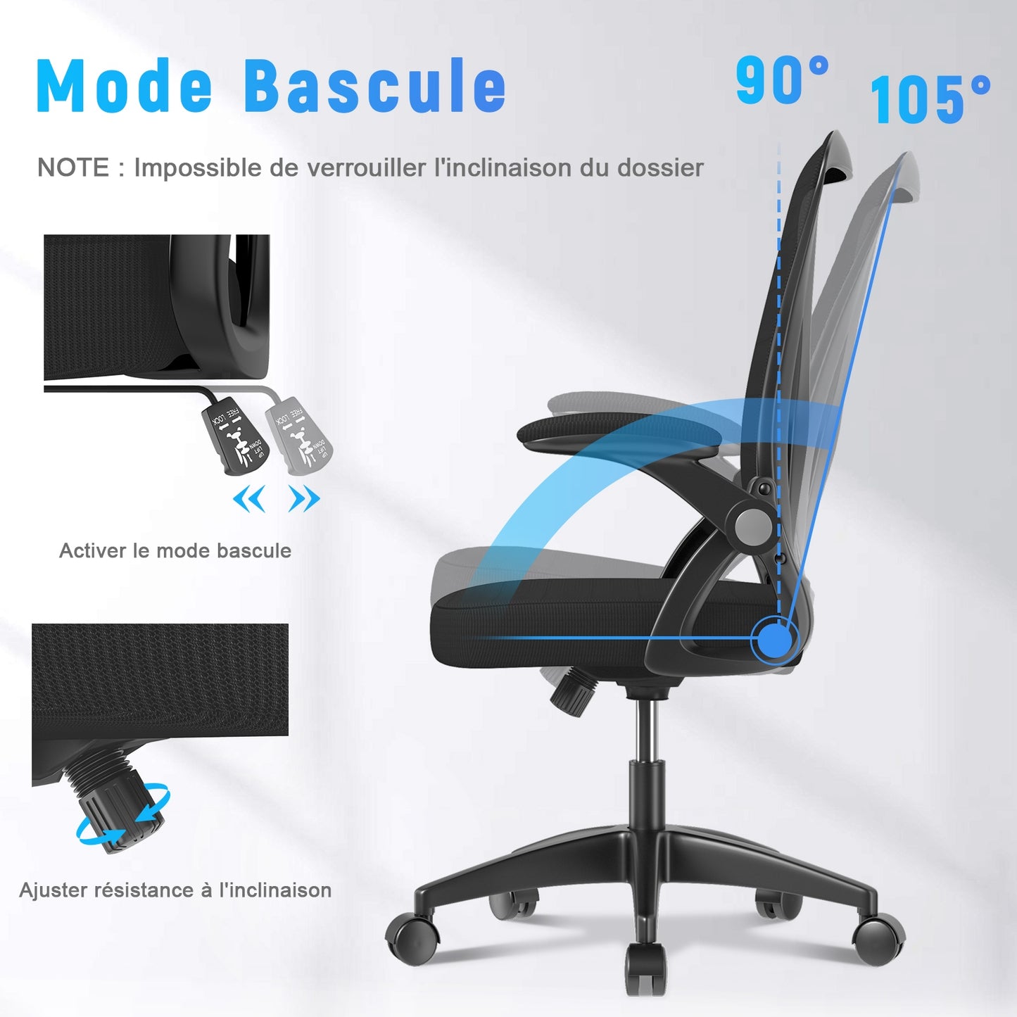 naspaluro Chaise Bureau avec Accoudoir Réglable, Fauteuil Ergonomique en Maille Respirante avec Soutien Lombaire, Dossier Inclinable et Hauteur Réglable, Roulette Pivotant à 360°