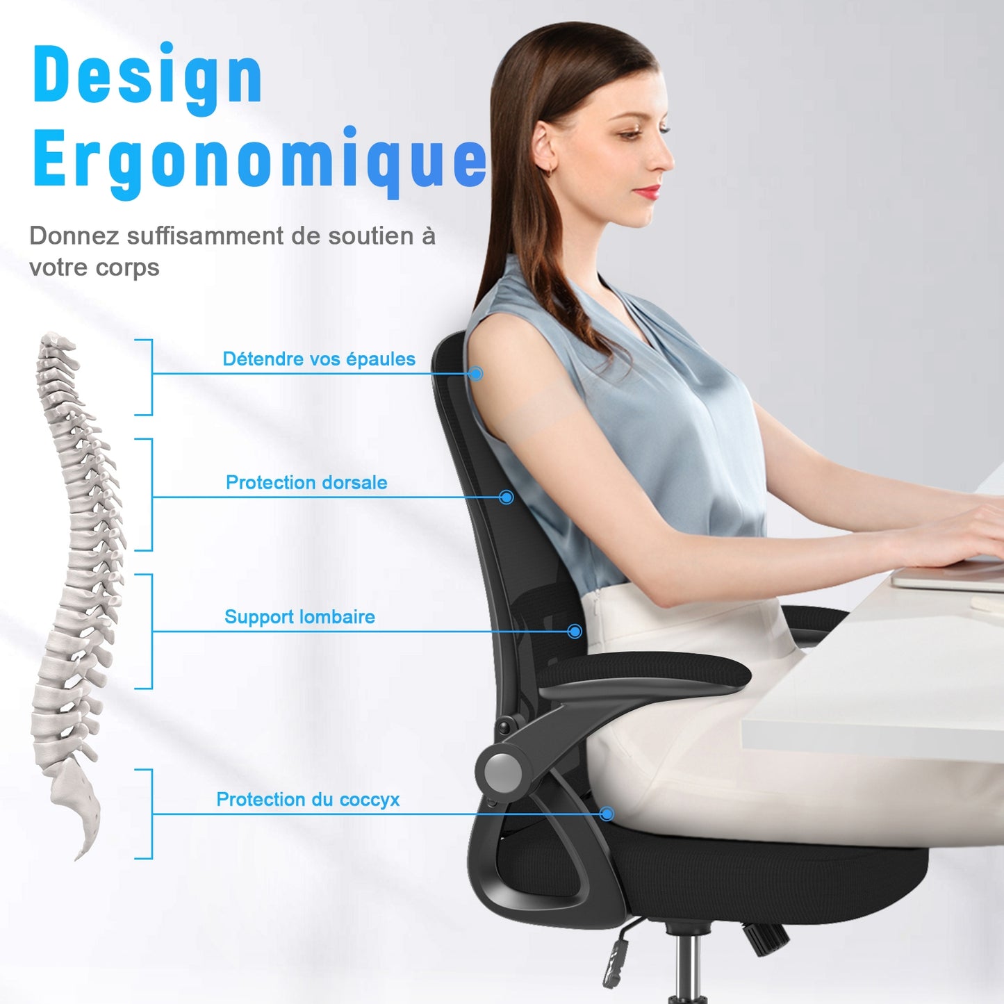 naspaluro Chaise Bureau avec Accoudoir Réglable, Fauteuil Ergonomique en Maille Respirante avec Soutien Lombaire, Dossier Inclinable et Hauteur Réglable, Roulette Pivotant à 360°